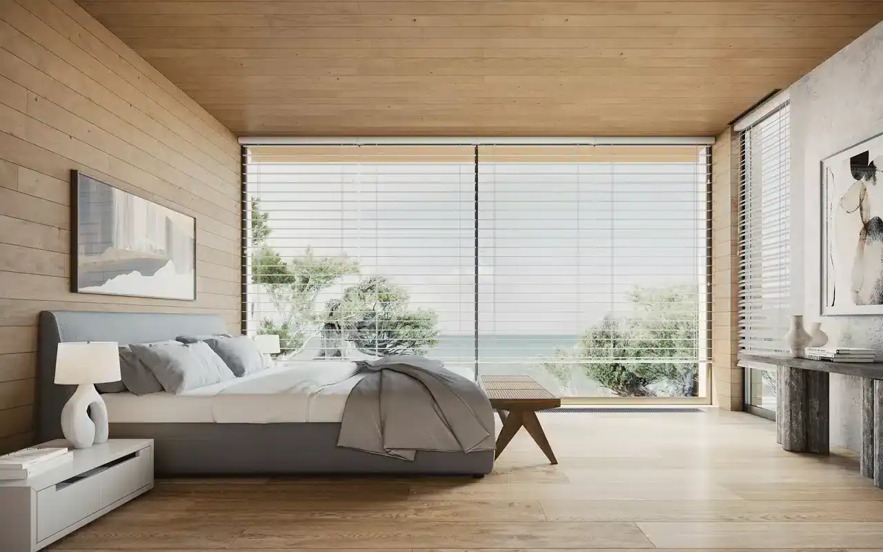 Bright bedroom with large windows overlooking ocean and trees, modern minimalist decor, neutral color palette, wooden accents, soft natural lighting, peaceful retreat, coastal interior design, relaxing atmosphere, scenic seaside vista, contemporary bedroom style.