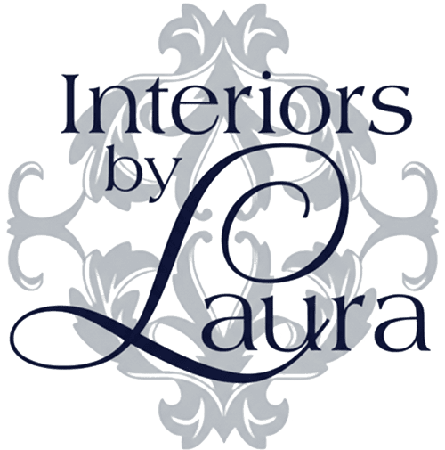 Stylish logo for Interiors by Laura featuring elegant script font and decorative background, ideal for interior design branding, home decor, and luxury styling.