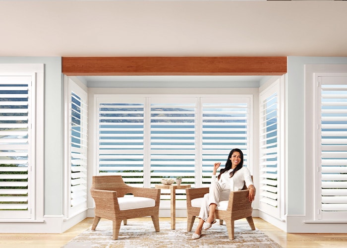 White Palm Beach® Polysatin® Shutters on Bay Windows