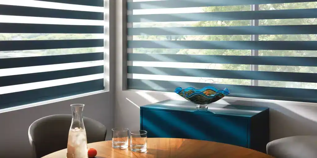 Designer Banded Shades. Zoey Silk-Like Fabric in Baltic Sea