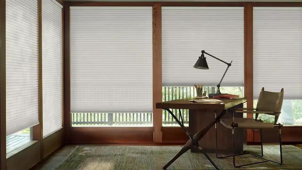 home office with cellular shades on windows