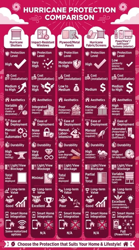 Impact-Resistant Windows for hurricane protection, rated very high protection level. Cost-effective with medium to high aesthetics. Easy to deploy, durable, and offers long-term value.