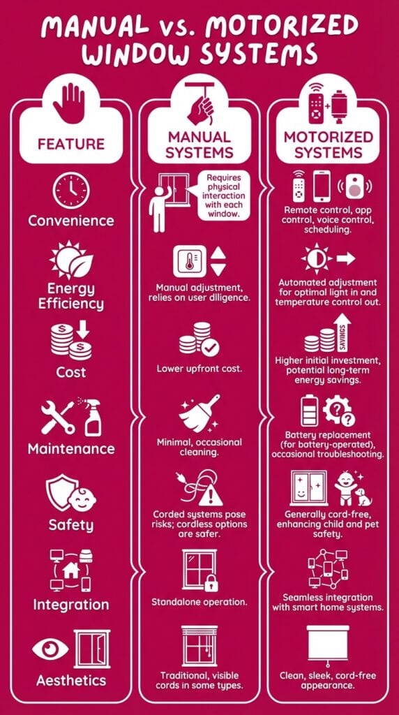 Easy-to-understand infographic explaining benefits and features of manual and motorized window systems.