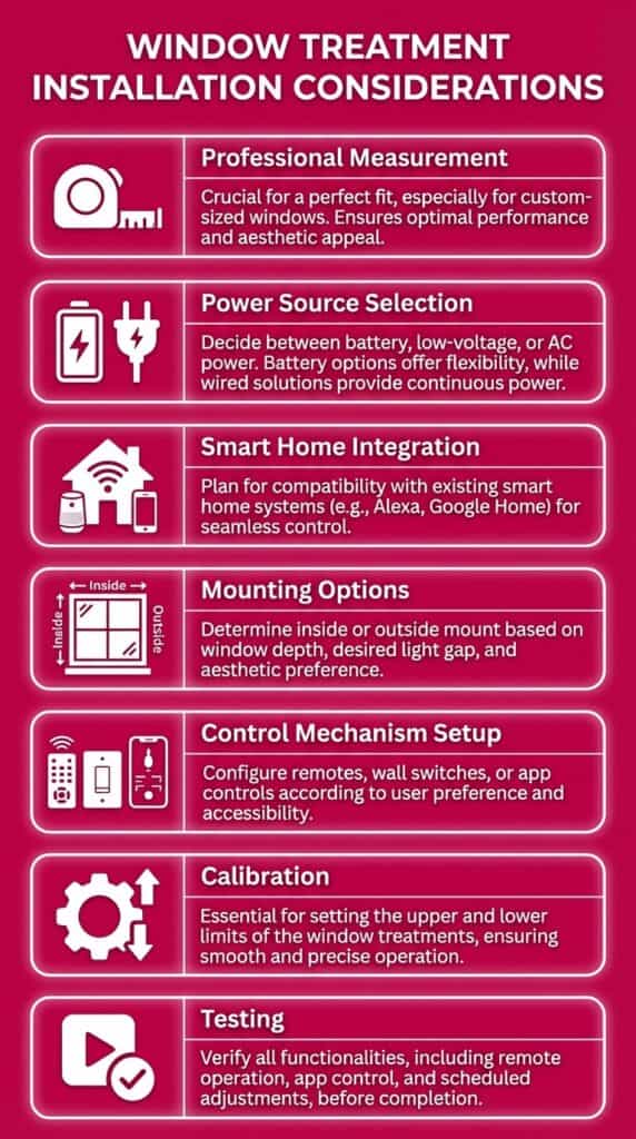 Guide to window treatment installation considerations for custom fit, power options, smart home integration, mounting, controls, calibration, and testing. Enhance window aesthetics.