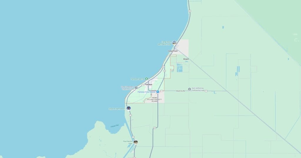 Detailed map of Pahokee, FL including landmarks like Skyrise Palm Beach, Paul Rardin Park, and nearby recreational spots along the lake shoreline.