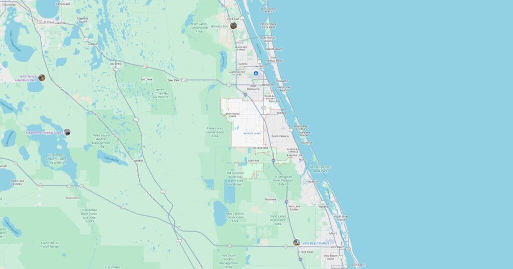 Detailed map of Florida highlighting beaches, parks, and wildlife areas along the coast and inland regions.