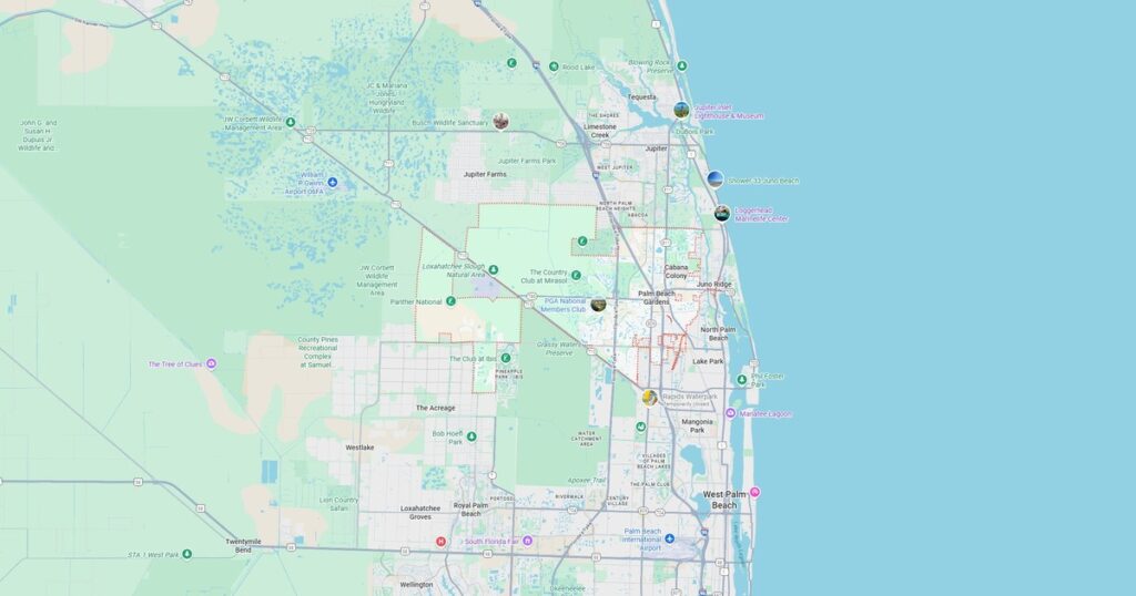 Detailed map of Jupiter, FL with parks, beaches, and attractions.