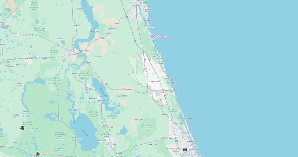 Detailed map of Palm Coast, Florida showing major highways, parks, beaches, and local landmarks for visitors and residents.