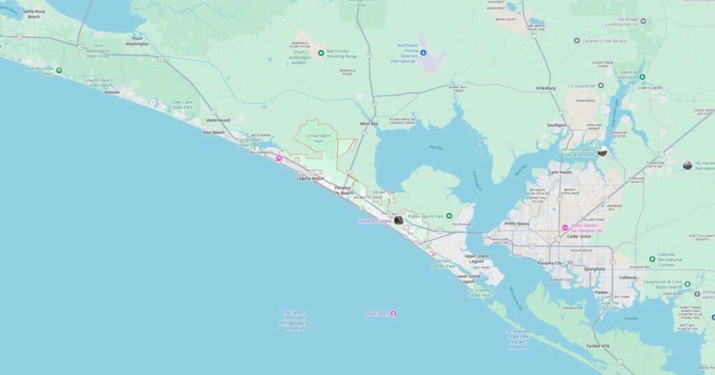 Detailed map of Panama City Beach highlighting top beaches, parks, and local points of interest in Florida.