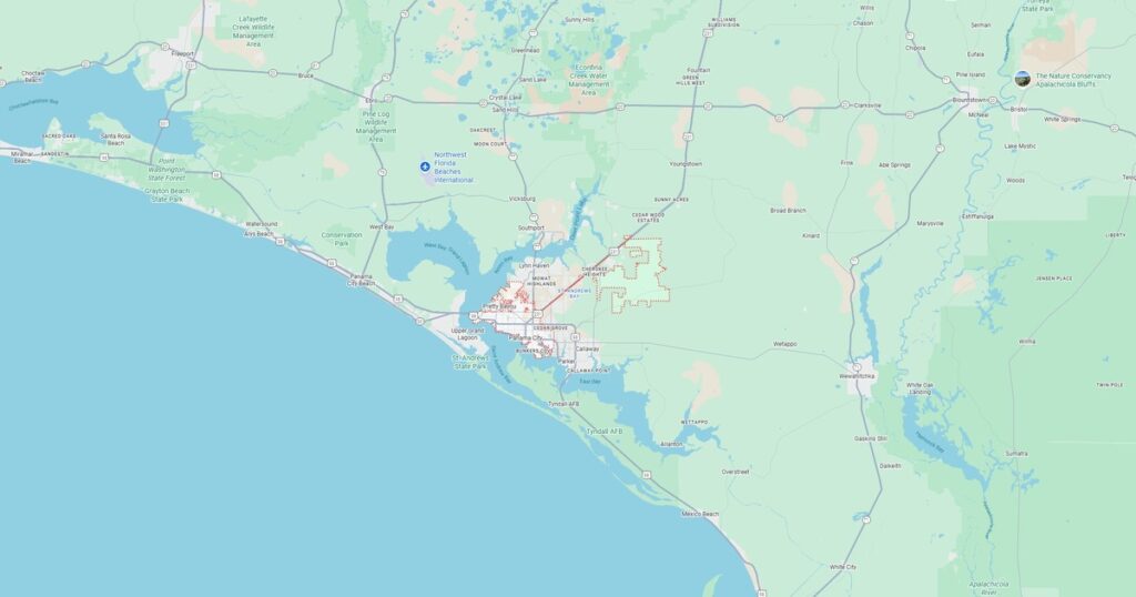 Detailed map of Apalachicola Bluffs and surrounding areas, highlighting natural conservation sites, waterways, and local towns in Florida for geographic awareness and ecological research.