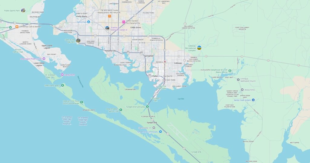 Detailed map of Panama City, Florida, highlighting parks, beaches, and local attractions. Features landmarks like St. Andrews State Park, Shell Island, and the Panama City Marina for tourism and travel.