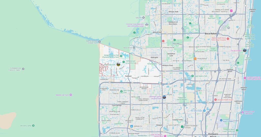 Detailed map of Boca Raton, Florida with neighborhoods, parks, landmarks, and public facilities. Perfect for visitors, residents, and urban planning.