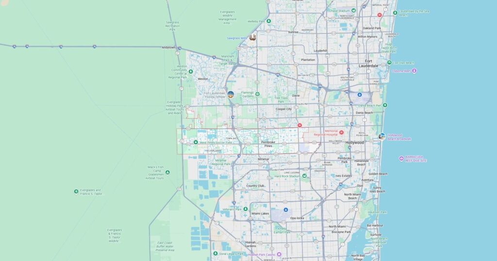 Detailed map of Miami and Fort Lauderdale with landmarks and roads.