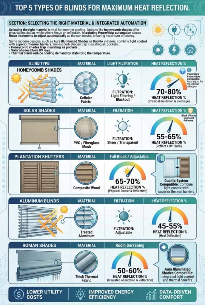 High-efficiency heat-reflective window blinds with different materials and filtration options for optimal temperature control.