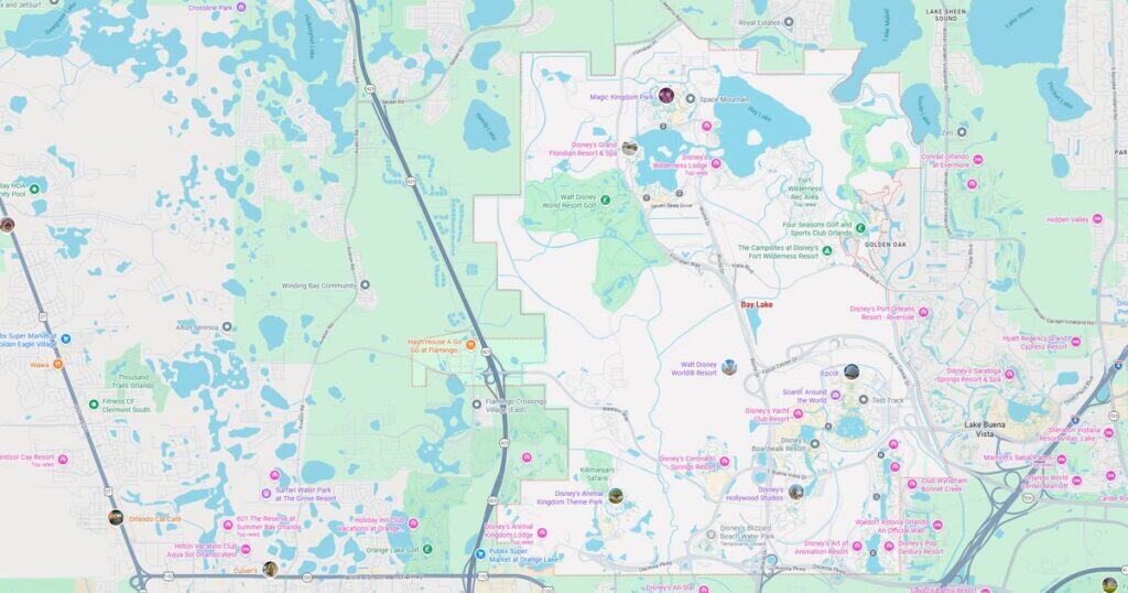 A detailed city map highlighting parks, lakes, roads, and public transportation options for urban navigation.