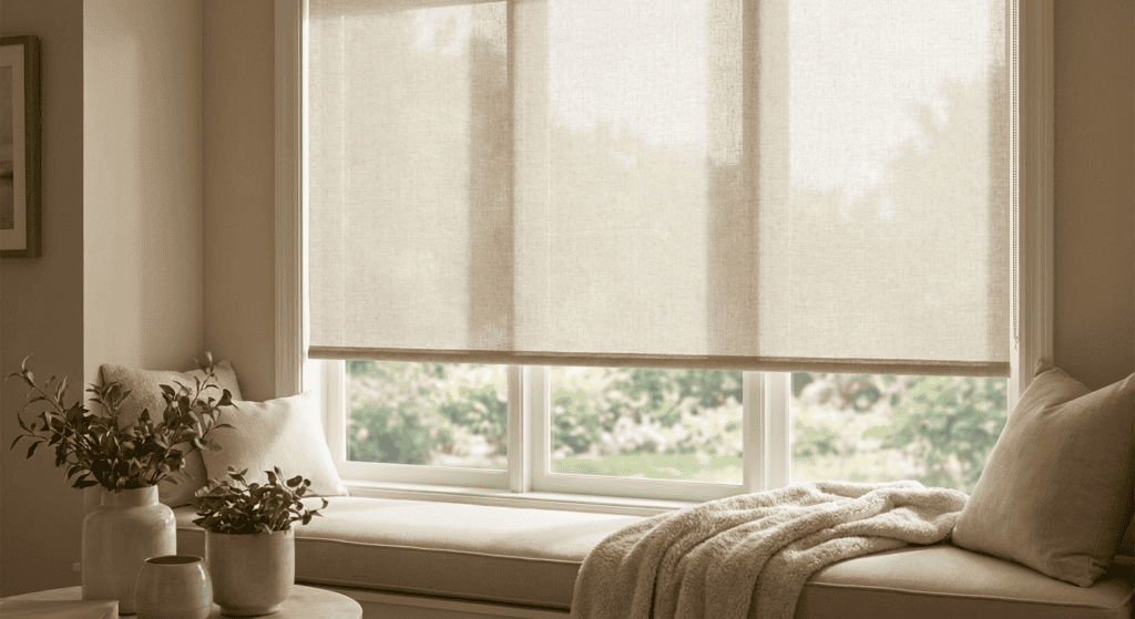 Comfortable window seat with beige blinds, soft cushions, and potted plants, creating a relaxing space with natural light and a view of greenery outside.