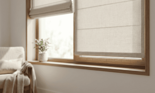 Window with beige roller shade, natural light, and a potted plant on the windowsill.