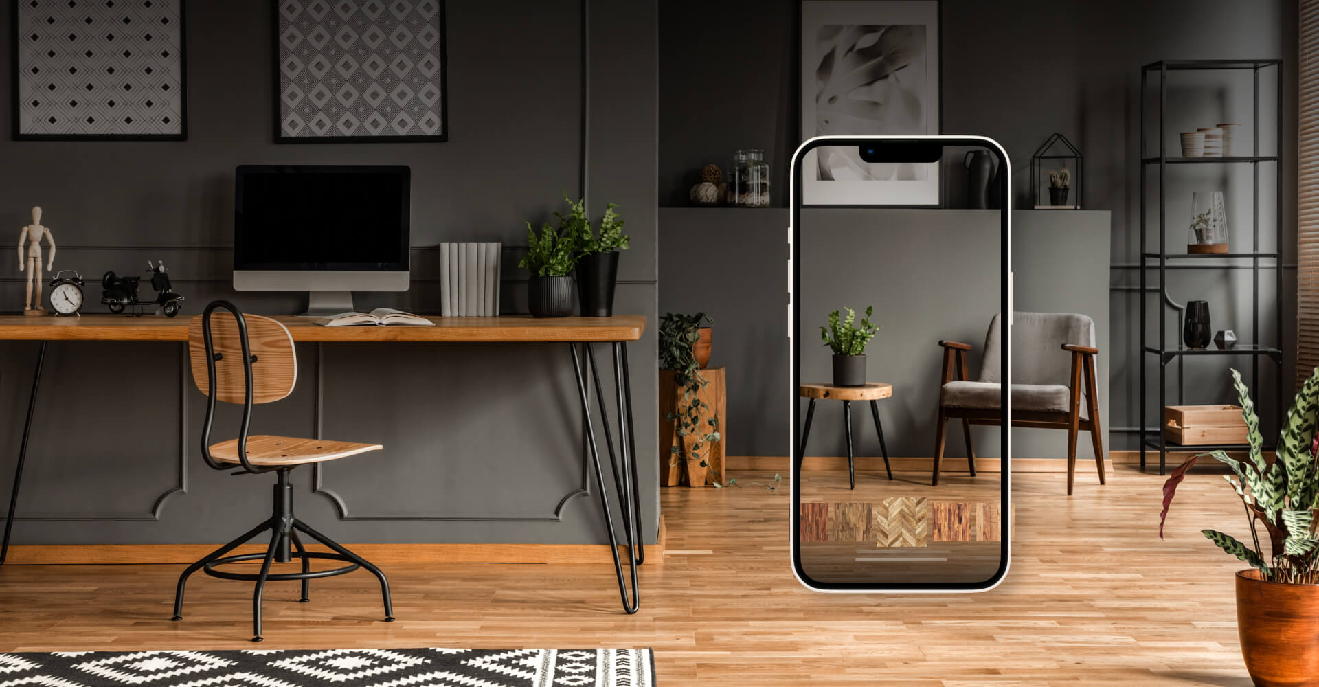 Home office with smart mirror, wooden desk, ergonomic chair, and contemporary decor for a functional workspace.