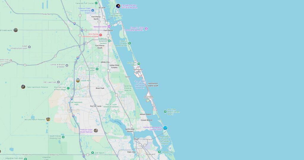 Map of Miami Beach highlighting key locations, beaches, and transportation routes along the coast.