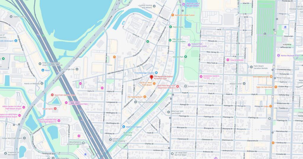 Detailed city map showing streets, parks, and transportation routes in the downtown area.