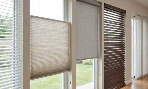 Elegant window blinds showcasing various textures and colors, including fabric and wooden options, in a bright, contemporary interior.