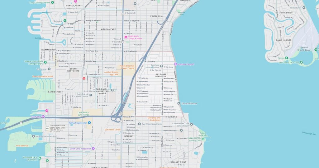 Detailed city map showing streets, waterways, parks, and landmarks in a coastal urban area.