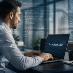 Consultant SAP travaillant sur ordinateur avec schémas SAP