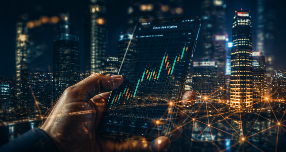 Cours des crypto sur smartphone, graphique bougies japonaises