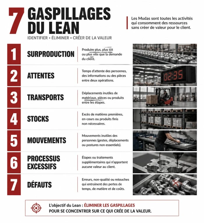 Infographie des 7 gaspillages (Mudas) dans le lean manufacturing pour l'optimisation industrielle