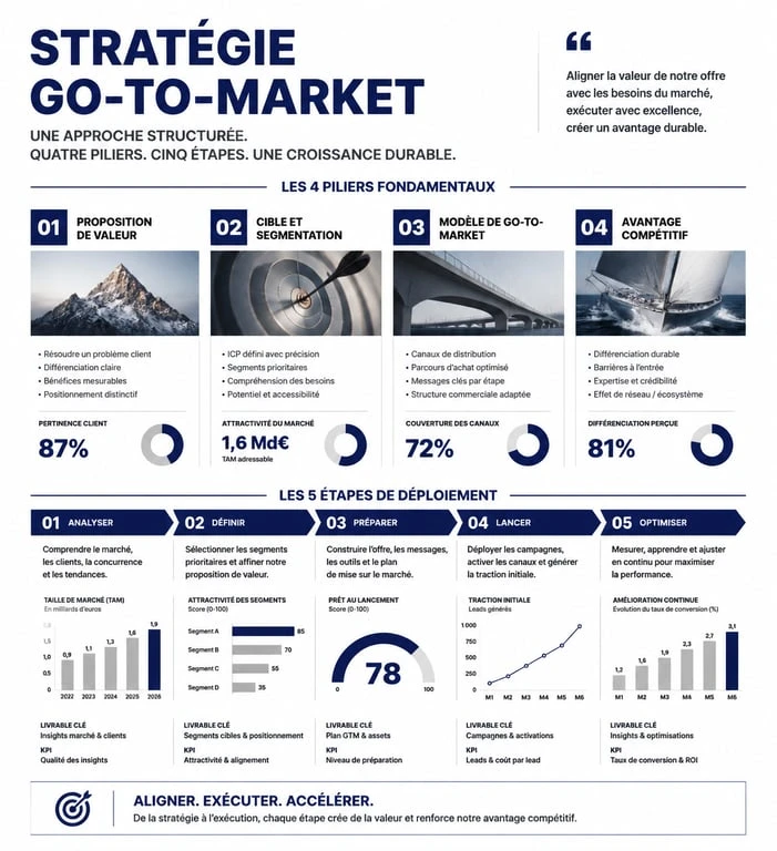 Infographie illustrant les étapes et piliers d'une stratégie go-to-market efficace pour le lancement de produit