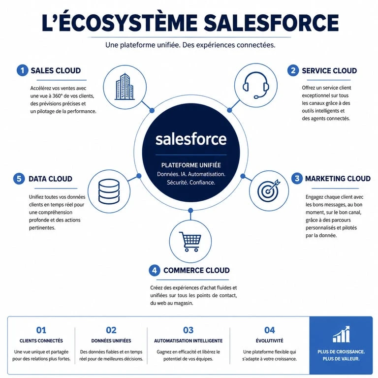 Infographie des modules Salesforce : Sales Cloud, Service Cloud, Marketing Cloud, Commerce Cloud et Data Cloud