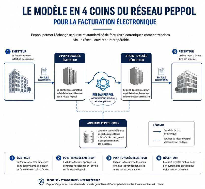 Schéma du fonctionnement du réseau Peppol France et du modèle en 4 coins pour la facturation électronique
