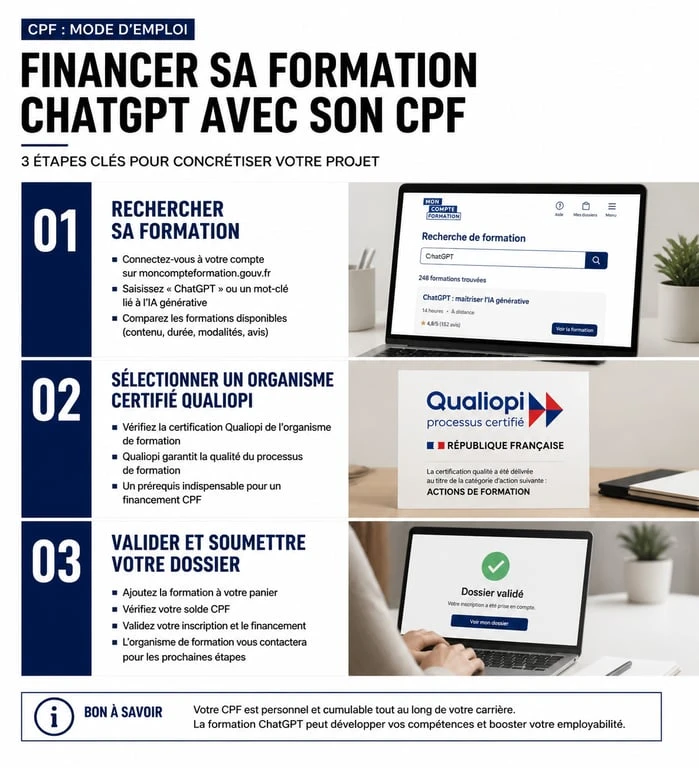 Infographie des étapes pour financer une formation ChatGPT avec son CPF