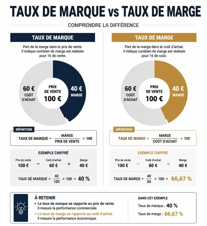Infographie comparative : différence entre taux de marque et taux de marge pour le calcul de la rentabilité commerciale