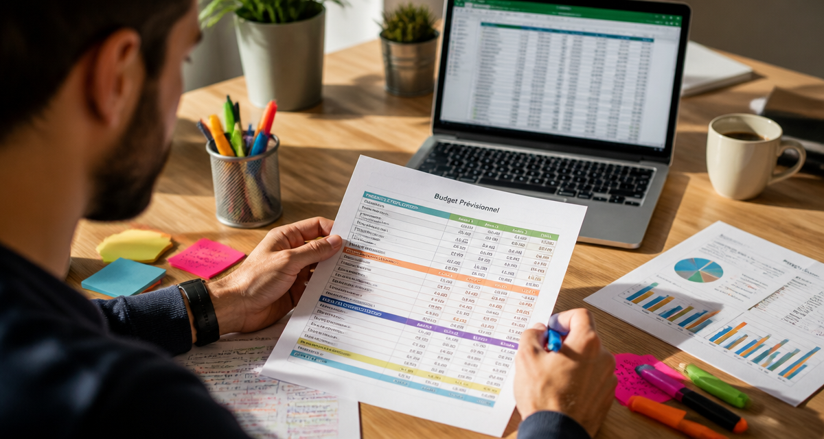 exemple budget prévisionnel sur bureau avec ordinateur