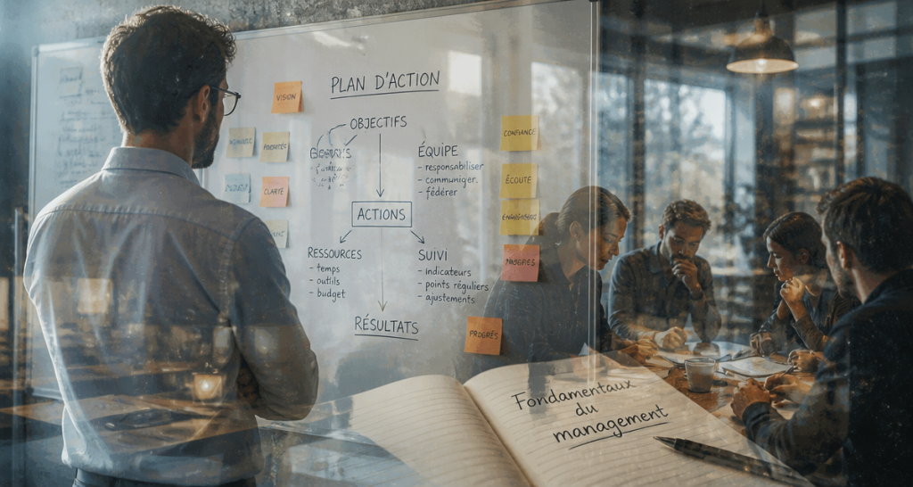 les fondamentaux du management, manager et équipe en réunion
