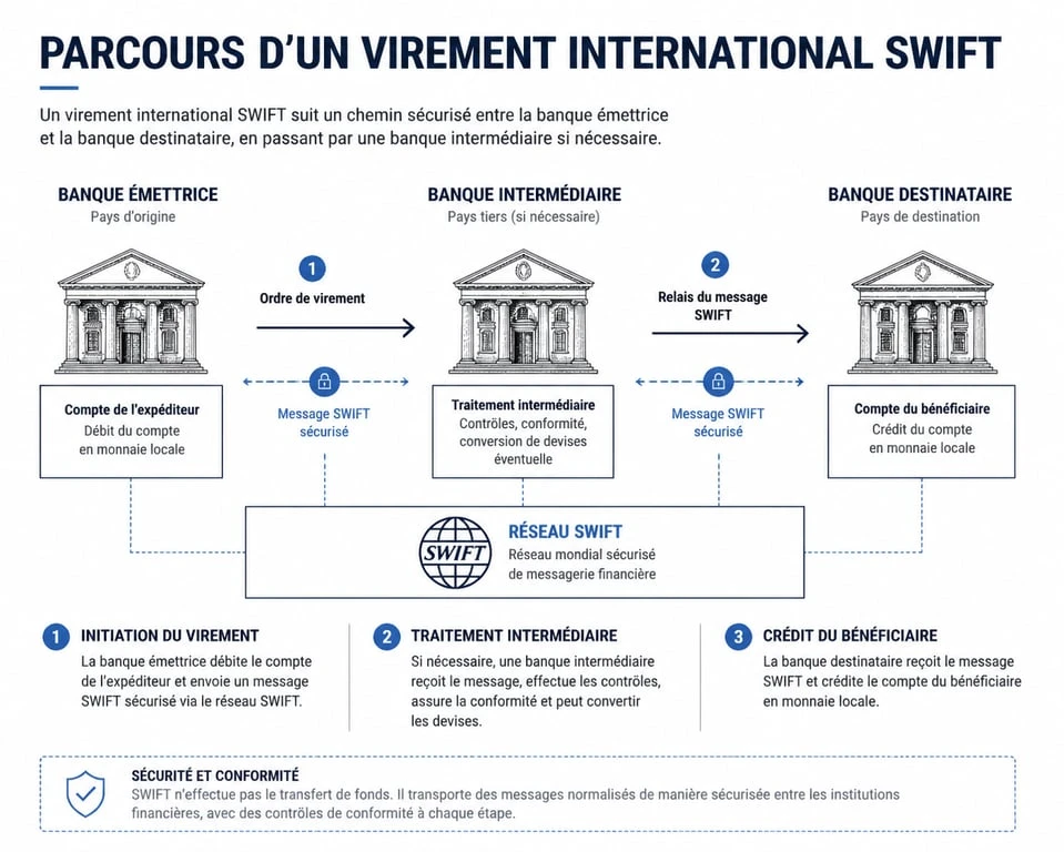 Schéma explicatif du fonctionnement d'un virement international SWIFT entre banques