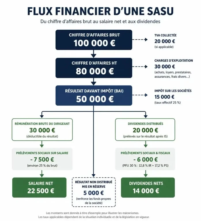 Schéma explicatif du calcul du revenu net en SASU et simulation de rémunération