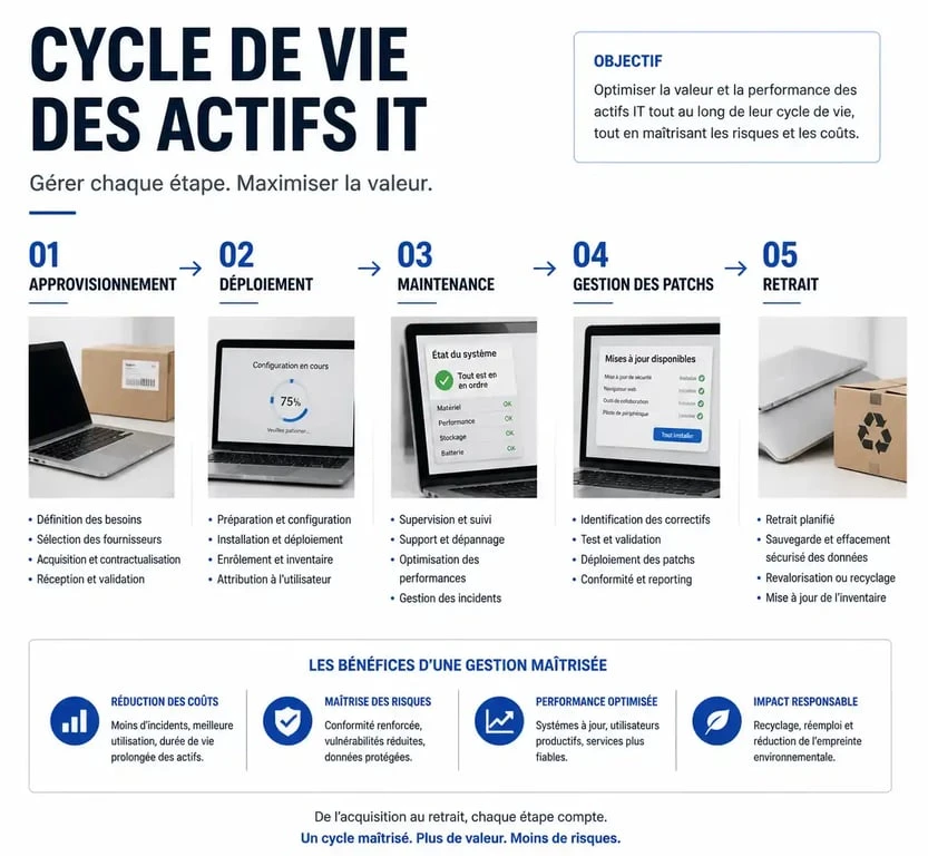 Schéma du cycle de vie d'un actif informatique dans une solution de gestion de parc informatique