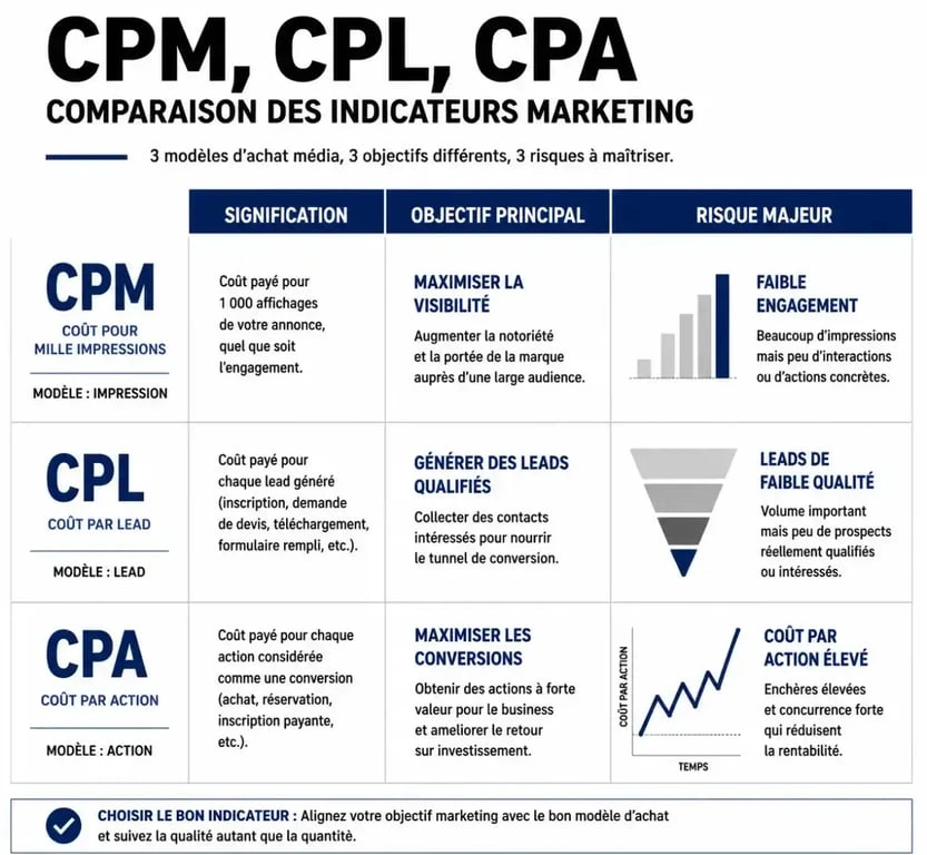 Infographie comparative des indicateurs marketing : CPM, CPL et CPA pour optimiser vos campagnes cpl marketing
