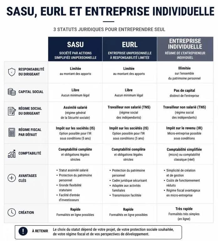 Infographie comparative des statuts juridiques SASU, EURL et Entreprise Individuelle pour les entrepreneurs
