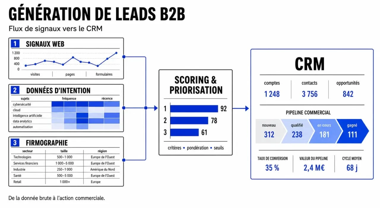 Schéma illustrant le fonctionnement de l'Intent Data et l'enrichissement CRM avec ZoomInfo