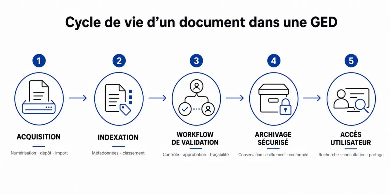 Schéma du cycle de vie d'un document dans un logiciel GED pour la gestion électronique des documents