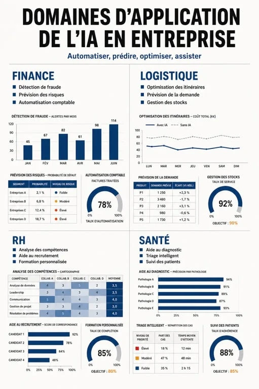 Infographie des domaines d'application du conseil en intelligence artificielle en entreprise