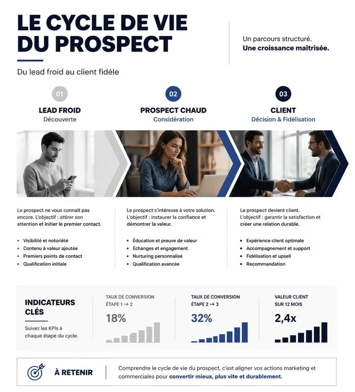 Schéma du cycle de vie du prospect : du lead au client pour comprendre qu'est ce qu'un prospect