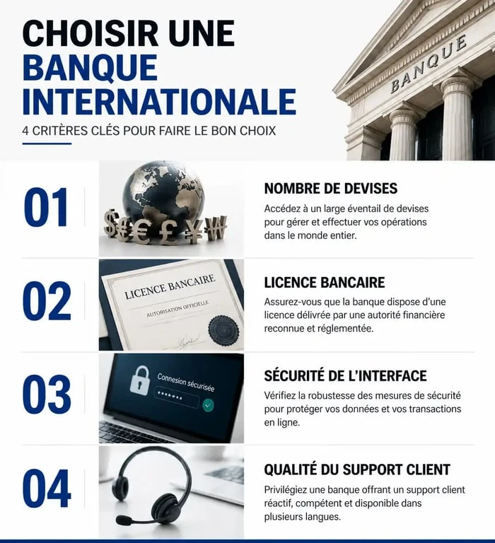 Infographie des critères de choix pour un compte bancaire international