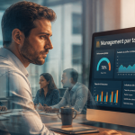 Management tableau de bord avec manager devant écran et équipe