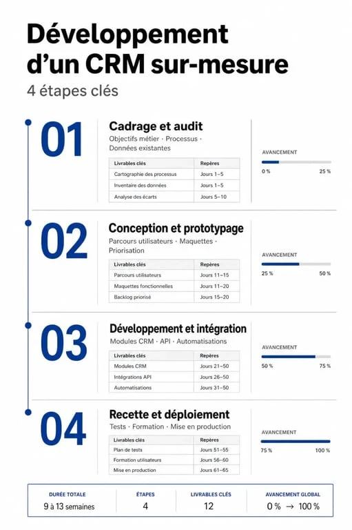 Schéma des étapes clés du développement CRM sur-mesure pour entreprise