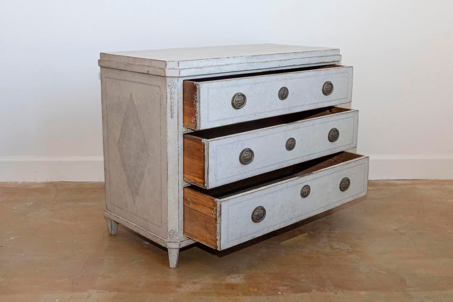 Swedish Gustavian Style 1860s Painted Wood Three-Drawer Chest with Carved Motifs - JAA