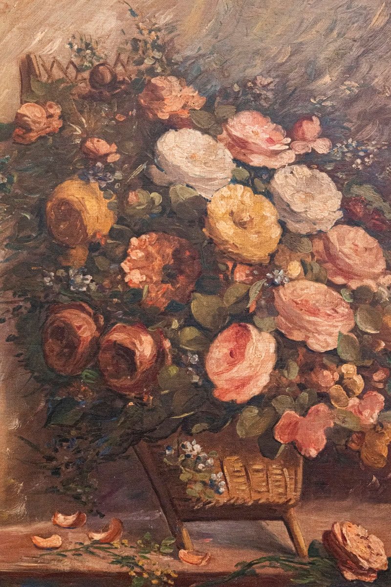 40% OFF at Checkout . French 19th Century Oil on Canvas Still-Life Painting Depicting Roses in Basket - JAA